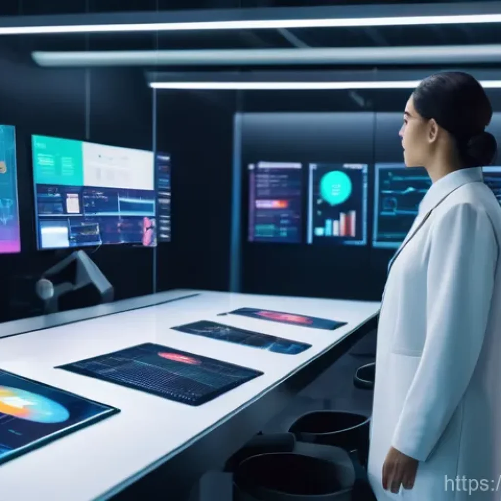 개인 기술 스택의 최적화 전략 - A vibrant, futuristic scene depicting generative AI integrated into various industries. In the foreg...