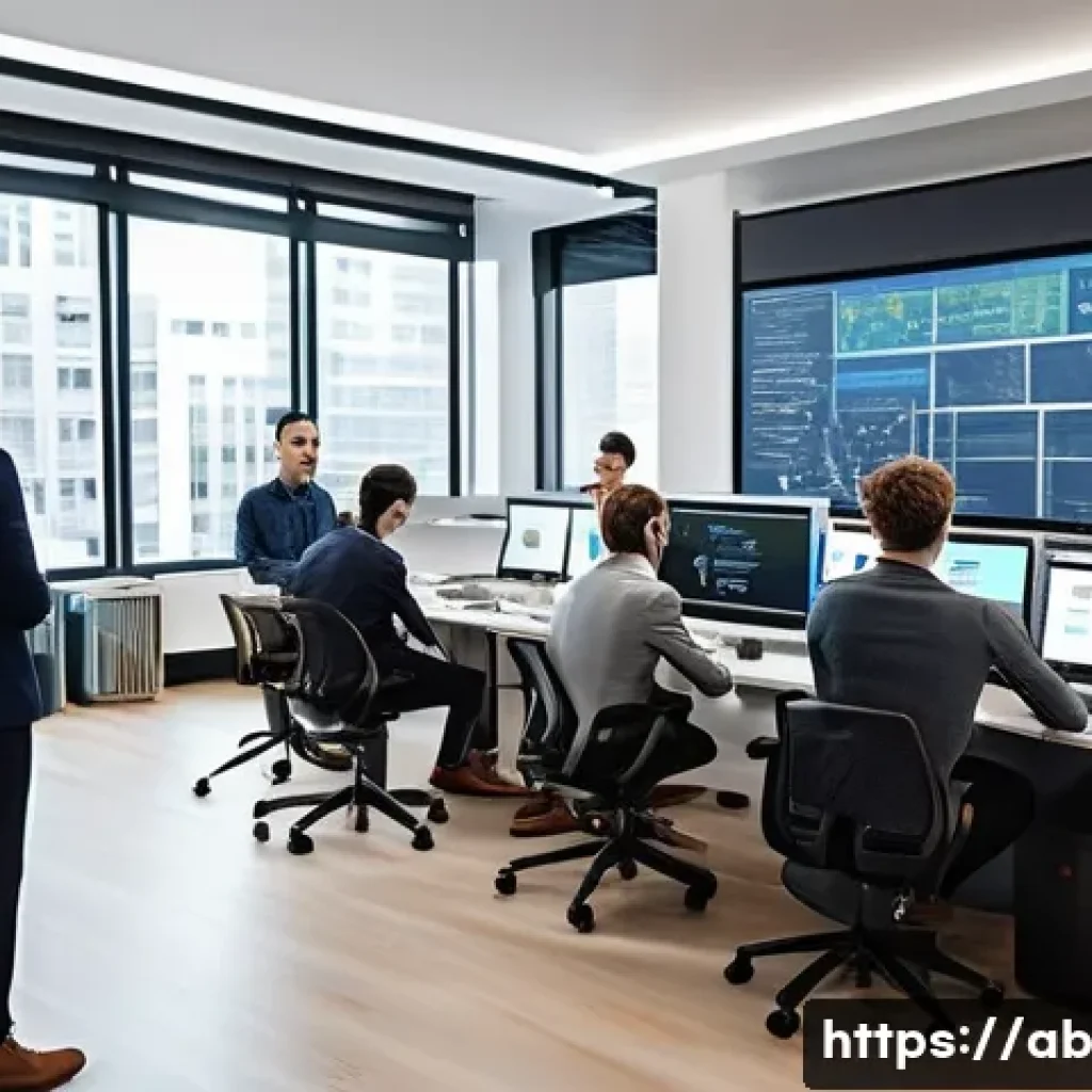 기술 스택에서의 협업 문화 조성 - A diverse team of engineers and tech professionals, dressed in modern business casual attire, are co...