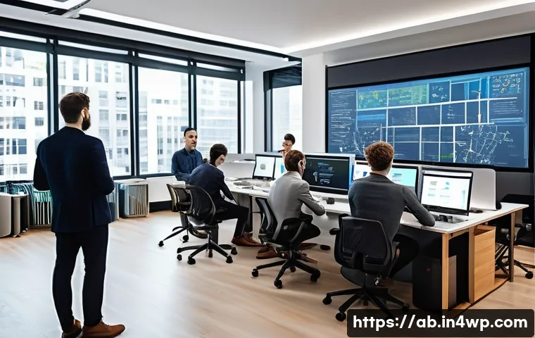 기술 스택에서의 협업 문화 조성 - A diverse team of engineers and tech professionals, dressed in modern business casual attire, are co...