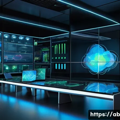 Home 28 기술 스택을 통한 네트워킹 기법 - A futuristic data center control room showcasing a large digital dashboard with real-time network vi...