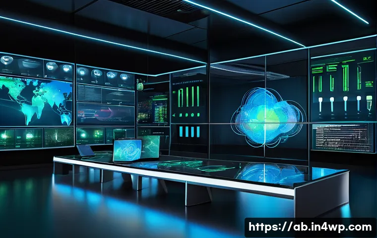 기술 스택을 통한 네트워킹 기법 - A futuristic data center control room showcasing a large digital dashboard with real-time network vi...