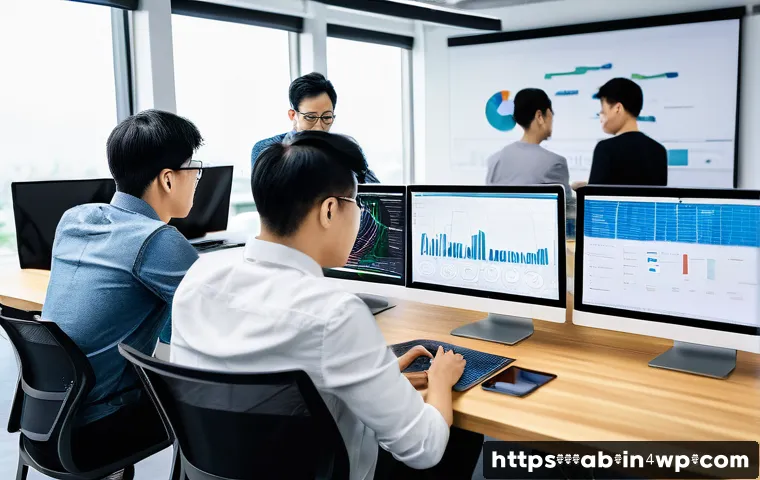 기술 스택의 장단점 분석 - A modern software development team collaborating in a bright, open office environment, multiple deve...