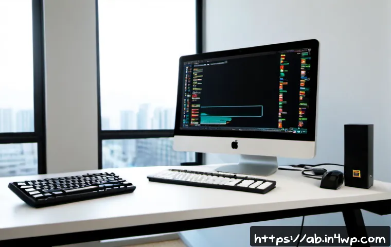 프론트엔드 기술 스택 최적화 방법 - Photorealistic modern developer workspace showing a large monitor with abstract color-coded interfac...
